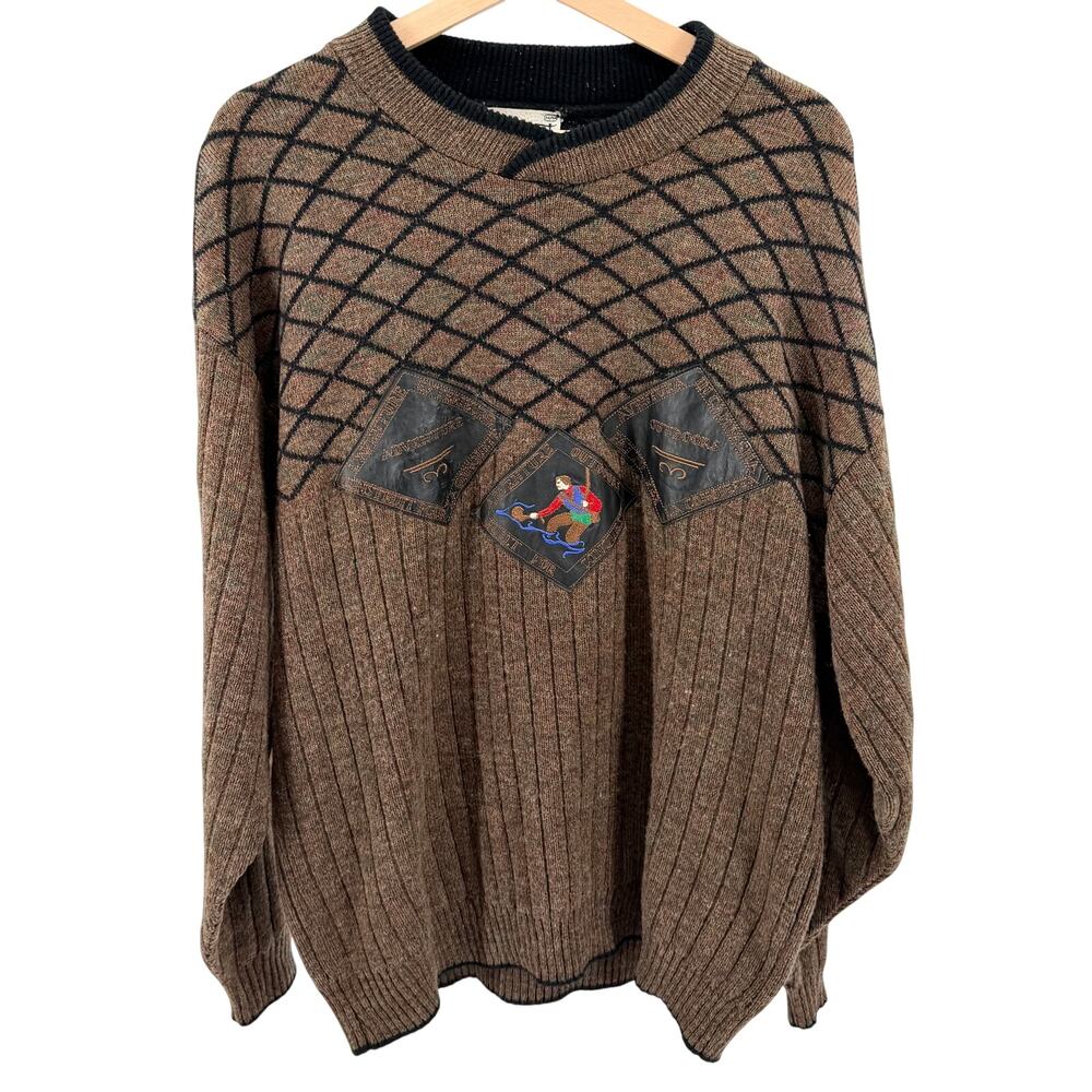 Vintage 80s Guy Laurent Brown 100% Wool Outdoor Leather Patch Sweater